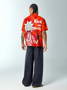 Rick and Morty X SHEIN Áo sơ mi nam ngắn tay họa tiết cây cọ phong cách du lịch - trái cam - Xem 7