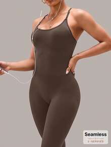 SHEIN Dewbera Athletic Tight Sleeveless Jumpsuit - Brown - View 2