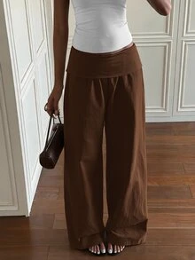 SHEIN EZwear Women's Solid Color Pleated Casual Versatile Daily Wear Long Pants - Brown - View 1