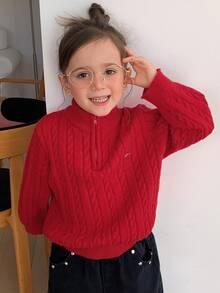 Hapijoa Sweater Rajut Kasual Lengan Panjang Setengah Resleting untuk Anak Perempuan - Burgundy - View 8
