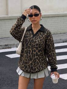 Muchica 女款 Polo 領長袖寬鬆運動衫，豹紋印花運動衫，女款秋冬服飾 - 彩色 - 查看 3