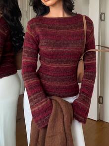 Aloruh Women's Striped Casual Versatile Daily Long Sleeve Sweater - Burgundy - View 4