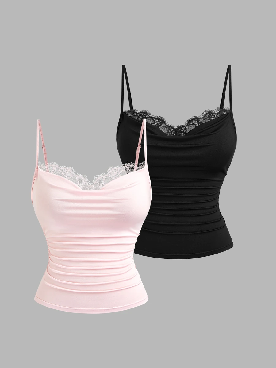 Sweetra Atasan Camisole Serbaguna Model Kerah Cowl dengan Patchwork Renda untuk Wanita Ukuran Plus Eropa - Berwarna merah muda - View 1