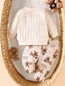 Baby Girl 2Pcs T-Shirt Set, Ribbed Crew Neck Dachshund Reindeer Graphic Long Sleeve Top & Allover Print Pants, Cute Christmas Newborn Outfit - Multicolor - View 2