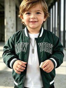 SHEIN Green Zipper Baseball Jacket, Ribbed Contrast Striped Collar, NEW YORK Letter Print, Woven Lightweight, Spring/Autumn - Dark Green - View 4