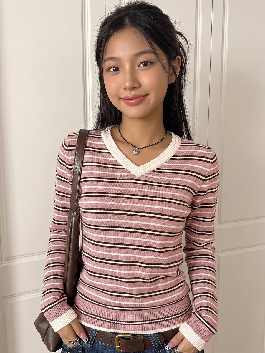SHEIN 青少年女孩極簡純色V領長袖套頭毛衣,休閒日常穿著,秋冬長袖上衣,學院風V領長袖毛衣,復古V領毛衣,返校穿搭 - 粉色 - 查看 1