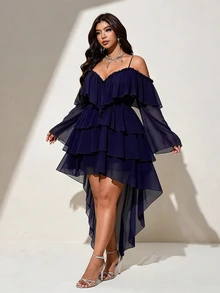 Viva Relle Plus Size Women's Solid Color Cold Shoulder Multi-Layer Ruffle Hem Fashion Sexy High-Low Dress Fall - Navy Blue - View 1