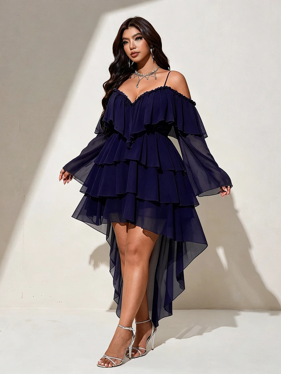 Viva Relle Plus Size Women's Solid Color Cold Shoulder Multi-Layer Ruffle Hem Fashion Sexy High-Low Dress Fall - Navy Blue - View 1