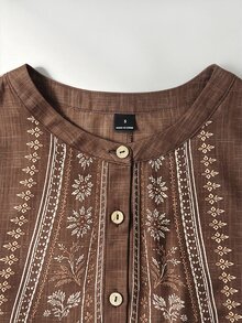 Linhara CURVE Plus Size Women's Woven Printed V-Neck Long-Sleeved Fall Shirt - Brown - View 5