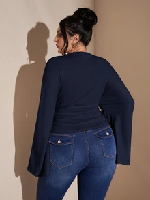 SHEIN BAE Plus Size Elegant Commuter Solid Color Batwing Sleeve Cinched Waist T-Shirt Fall - Navy Blue - View 2