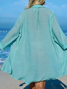 Swim Vcay Women's White Shirt Coconut Tree Button Casual Vacation Beach Kimono Cover-Up - Mint Green - View 2