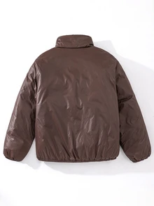 SHEIN Teen Boy Solid Color Long Sleeve Zip-Up Casual Winter Jacket - Coffee Brown - View 3