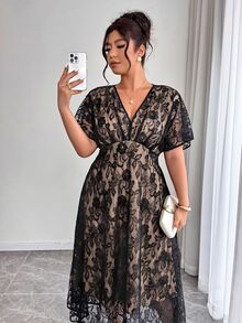 Elenzga 女款大尺碼春夏優雅婚禮派對宴會連身裙，V領、收腰、A字裙擺、蕾絲、純色、長裙 - 彩色 - 查看 6