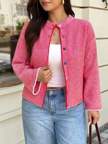 Easura Áo cardigan len dệt kim nữ size lớn, phong cách thường ngày, phối màu colorblock kẻ sọc, vai trễ - Đỏ - Xem 1