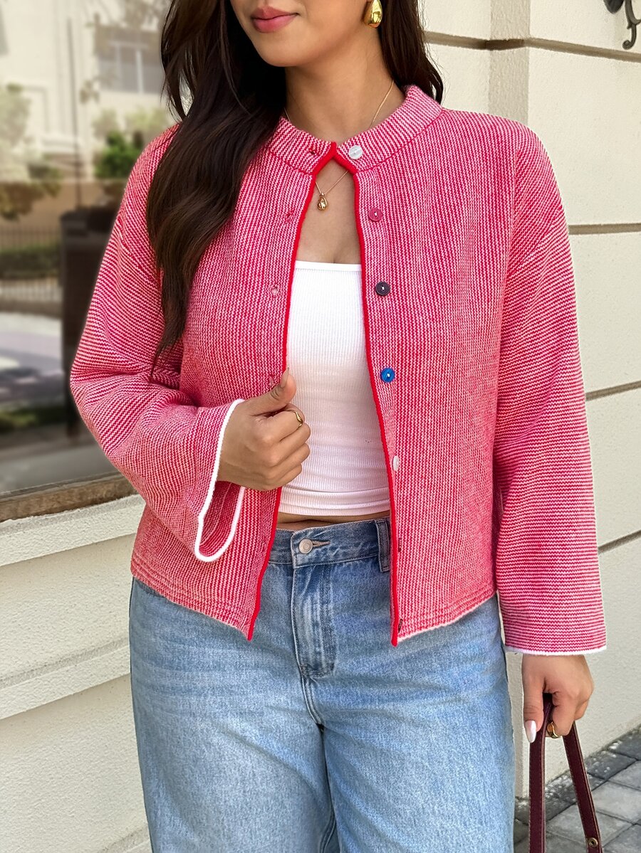 Easura Áo cardigan len dệt kim nữ size lớn, phong cách thường ngày, phối màu colorblock kẻ sọc, vai trễ - Đỏ - Xem 1