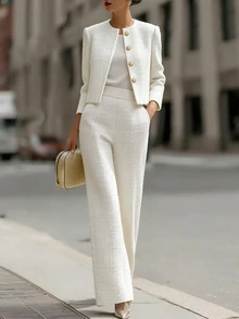 SHEIN Women's Autumn/Winter New White Elegant Pearl Metal Button Round Neck Short Jacket & Straight Leg Pants Set, Suitable For Daily Commute, Business Meetings And Various Occasions - White - View 1