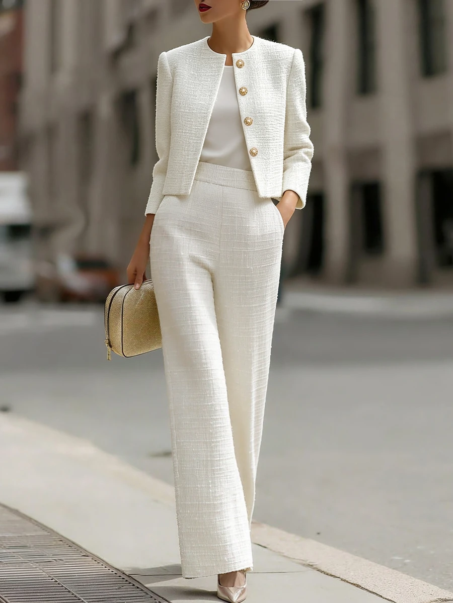 SHEIN Women's Autumn/Winter New White Elegant Pearl Metal Button Round Neck Short Jacket & Straight Leg Pants Set, Suitable For Daily Commute, Business Meetings And Various Occasions - White - View 1