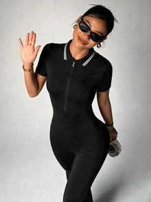 Dewbera Dewbera Women's Patchwork Striped Zipper Half-Placket Short Sleeve Sport Flare Leg Jumpsuit - Black - View 7