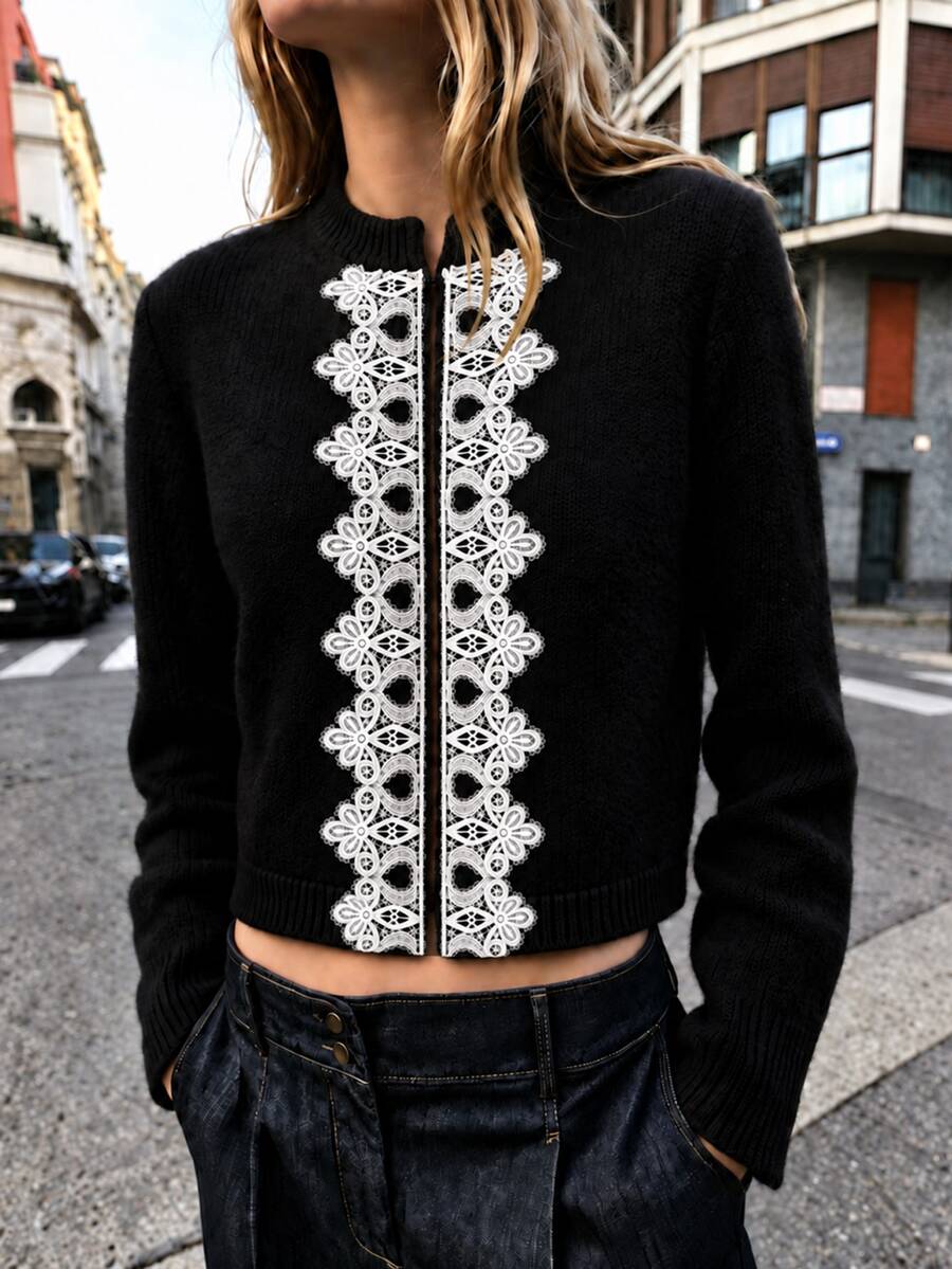 Elafinee Women's Elegant Lace Patchwork Long Sleeve Knit Cardigan