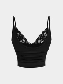 Sweetra Setelan Atasan 2 Potong Wanita Ukuran Plus Eropa dengan Motif Renda, Potongan Pendek Tanpa Punggung, Model Slimming, dan Atasan Tanpa Lengan Berbahan Pendek. - Hitam - View 4