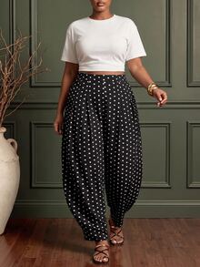 Zivah Plus Size Street Polka Dot Print Pocket Pants For Commute And Vacation - Black - View 12