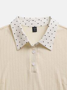 GlowEve CURVE Autumn/Winter Plus Size 2 In 1 Polka Dot Patchwork Ribbed Commute Casual French Elegant Multi-Occasion Plus Size Shirt - Apricot - View 5