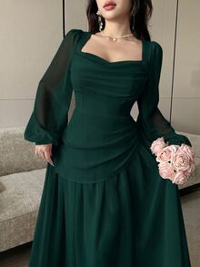 Modelyn Cowl Neck Puff Long Sleeve Cinched Waist Asymmetrical Pleated Chiffon Full Skirt Dress - Dark Green - View 10