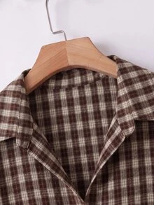 SHEIN CURVE+ 女款大尺碼秋季格紋休閒襯衫 - 棕色 - 查看 4