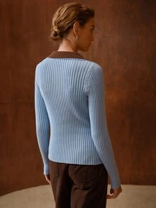 MOTF PREMIUM WOMEN'S COLORBLOCK LAPEL BUTTON HALF-PLACKET LONG SLEEVE RIBBED SWEATER - Baby Blue - View 3