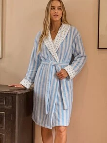 Aralina Women's Sleepwear Fall Winter Reversible Cute Soft Brushed Textured Stripe Fabric With Contrast Polk - Blue and White - View 11
