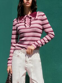 Nöista 女款街頭風鈕扣條紋提花拼色針織毛衣 - 酒紅色 - 查看 3