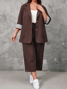 SHEIN LUNE 2pcs Plus Size Women's Striped Collar Top And Pants Set Fall - Coffee Brown - View 3