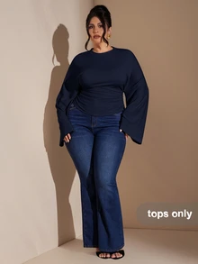 SHEIN BAE Plus Size Elegant Commuter Solid Color Batwing Sleeve Cinched Waist T-Shirt Fall - Navy Blue - View 5