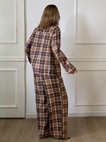 DAZY Women's Plaid Long Sleeve Top, Camisole And Pants Pajama Set - Coffee Brown - View 2