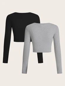 SHEIN EZwear 女款純色圓領長袖休閒百搭T恤（2件組） - 彩色 - 查看 2