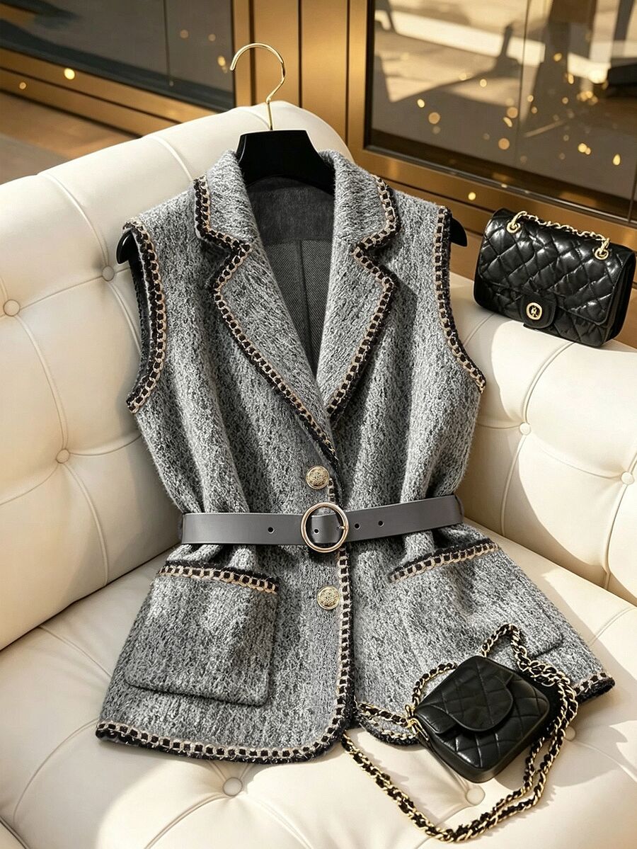 SHEIN Franclia Women's Elegant Gold Trim Woven Tape Edged Vest Jacket, Suitable For Daily Layering And Dining - Grey - View 1