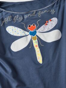 ROMWE Hippie Women's Vintage Applique Patchwork Dragonfly Asymmetrical Shoulder Pullover Sweatshirt - Navy Blue - View 2