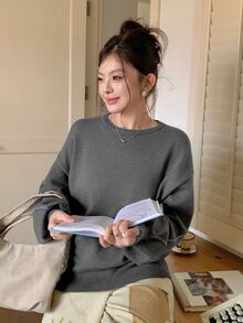Dazy Plus Dark Gray Color Block Blue Trim Crew Neck Drop Shoulder Long Sleeve Loose Casual Versatile Sweater Autumn - Dark Grey - View 3