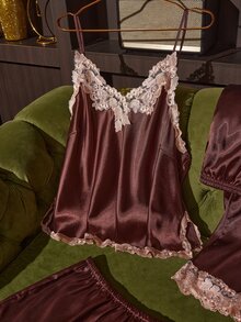 SilkySpell 3 Pieces Set Women's Sexy Silk Plus Size Pajama Set, Embroidered Lace, Contrast Color Multi-Piece Set, Silky Satin Sexy Camisole, Long Pants, Shorts 3 Pieces Combination, Coffee Color - Coffee Brown - View 4