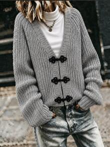 Balvessa Women's Loose Casual Knitted Cardigan With Frog Button Placket And Long Sleeves - Grey - View 2