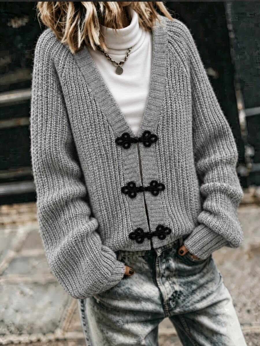 Balvessa Women's Loose Casual Knitted Cardigan With Frog Button Placket And Long Sleeves