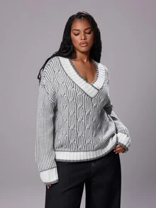 Rustia Plus Size Women's Loose V-Neck Colorblock Long Sleeve Pullover Sweater, Suitable For Daily Wear And Travel Winter - Multicolor - View 5