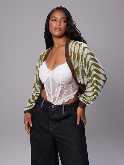 Rustia Plus Size Women's Spring/Summer/Autumn/Winter Vintage Colorblock Wavy Stripe Diamond Hollow-Out Batwing Long Sleeve Bohemian Style Lightweight Sun Protection Cover Up, Relaxed Fit Knit Short Sweater, Suitable For Daily Commute/Indoor Outdoor/Travel Versatile Striped Hollow-Out Colorblock Textured Casual Knit Cover Up