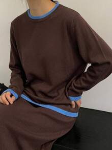 Livesso Women's Contrast Color Long Sleeve Sweater And Long Skirt 2 Pieces Set - Coffee Brown - View 6