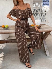 SHEIN Clasi Women's Polka Dot Cold Shoulder Fashion Jumpsuit For Vacation - Coffee Brown - View 3