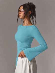 Athîral 女款休閒斑馬紋網紗喇叭袖修身上衣 - 水鴨藍 - 查看 5