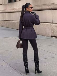 Firerie Cozy Women Winter Coat Designed With Vertical Quilted Patterns Long Sleeves And An Adjustable Waist Belt For Daily Wear Outfits - Purple - View 2