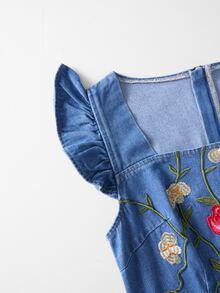 GlowEve CURVE Plus Size Women's Floral Embroidered Square Neck Cap Sleeve Elegant Denim Dress - Blue - View 3