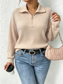 INAWLY Women's Plus Size New French Style Zipper Front Dropped Shoulder Textured Fabric T-Shirt, Winter Casual Spring Top - Apricot - View 3