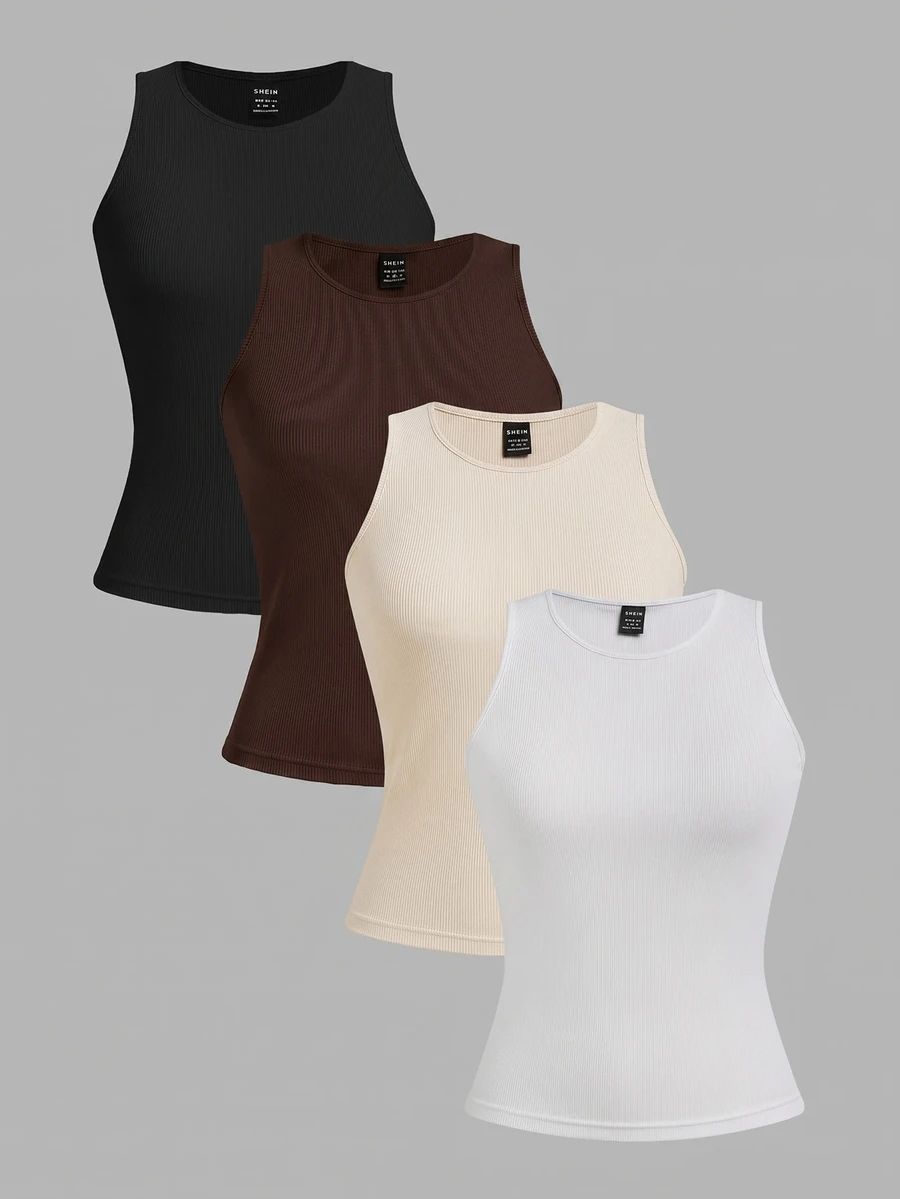 SHEIN EZwear 4件組休閒極簡風女款性感短版緊身背心,適合夏秋層次穿搭 - 彩色 - 查看 1